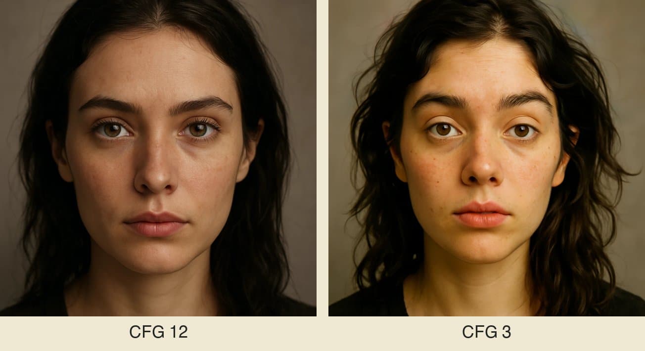 El mismo retrato con CFG 12 y CFG 3: a menor guidance, más libertad creativa del modelo