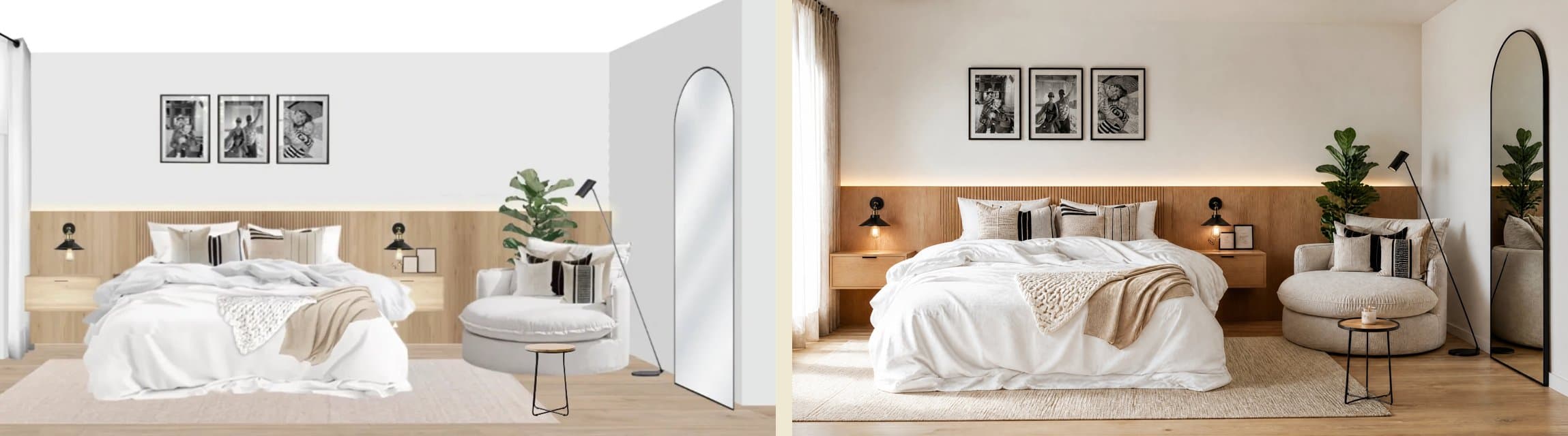 Comparación entre un fotomontaje 2D de un dormitorio y la fotografía realista generada preservando todos los productos
