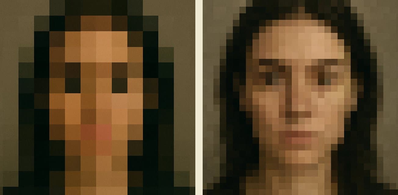 Rostro generado por parches: de bloques de píxeles gruesos a la imagen completa, como piezas de un puzzle