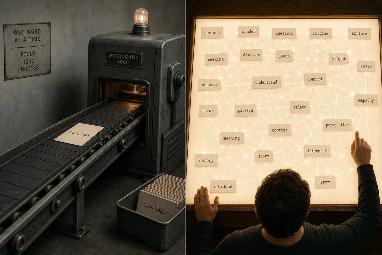 Ilustración en dos mitades: una máquina que lee tarjetas con palabras una por una en una cinta, y una mesa de luz donde todas las palabras se ven conectadas a la vez