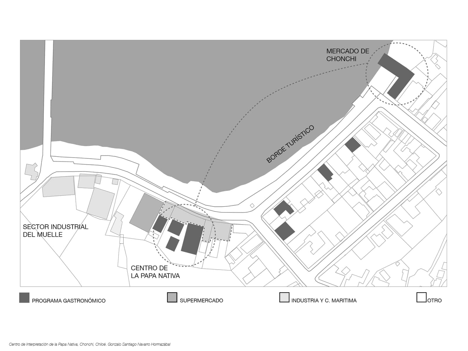 Plano de la costanera de Chonchi con los programas existentes señalados: mercado, sector industrial del muelle, supermercado y el terreno del centro de la papa nativa