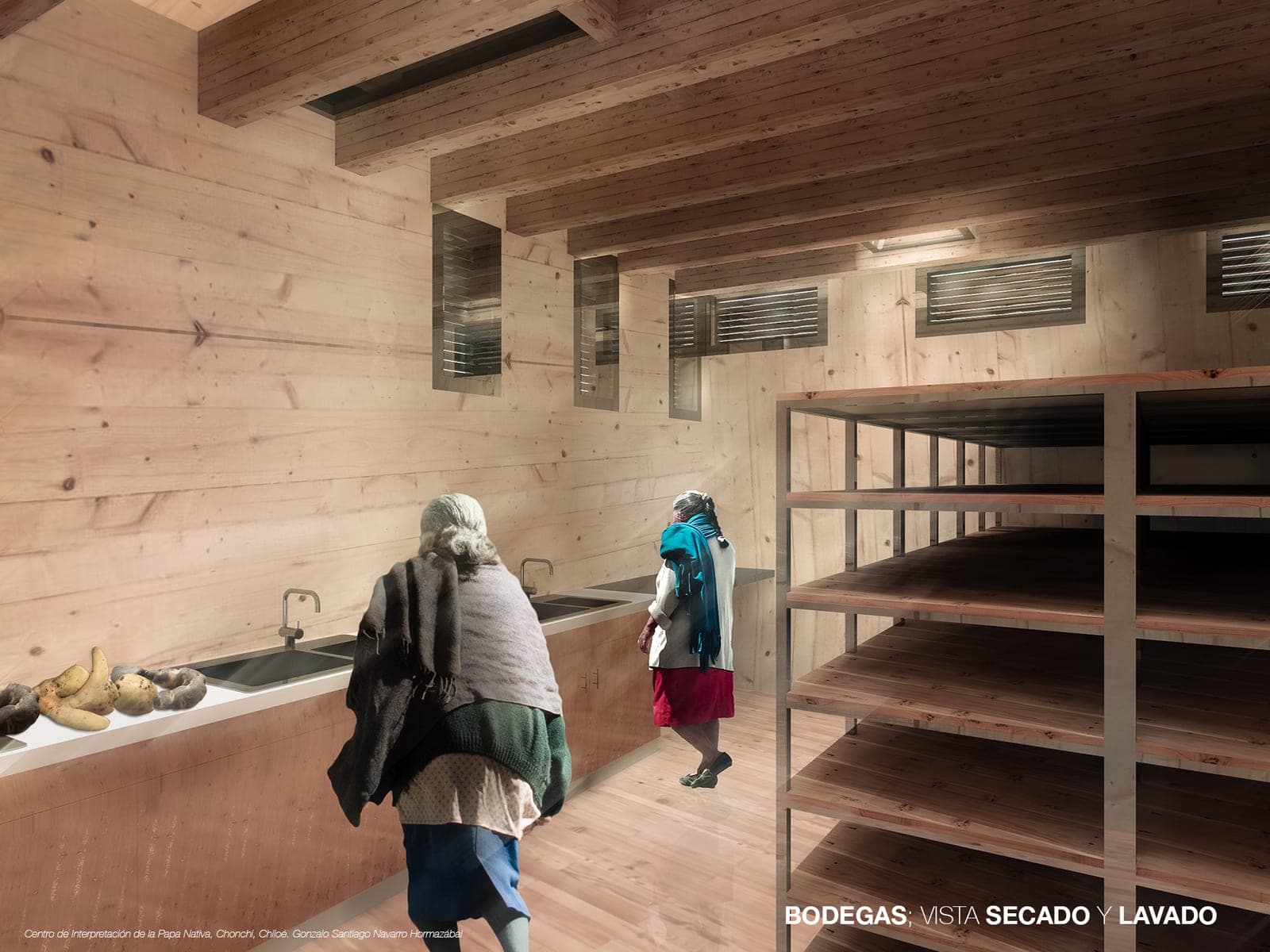 Interior de las bodegas con estanterías de madera para el secado y lavado de las papas, y agricultoras trabajando
