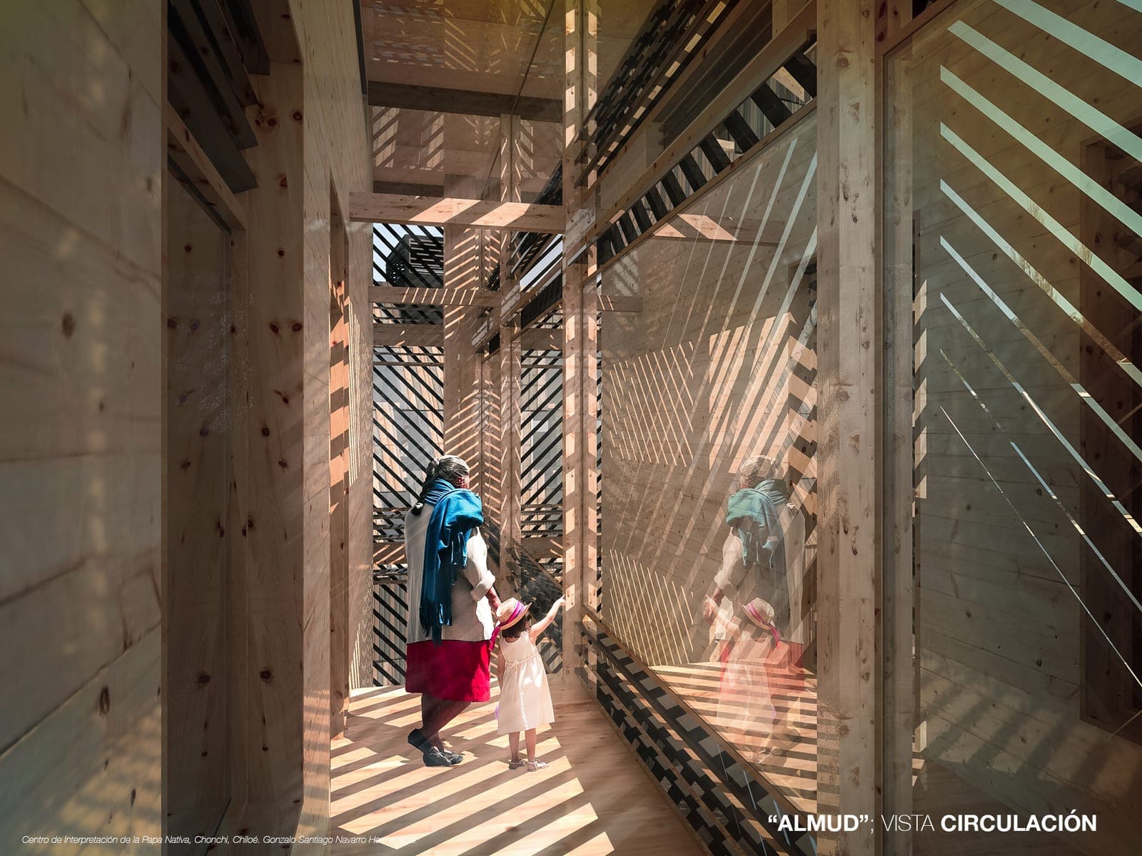 Circulación interior del almud con celosías de madera filtrando la luz
