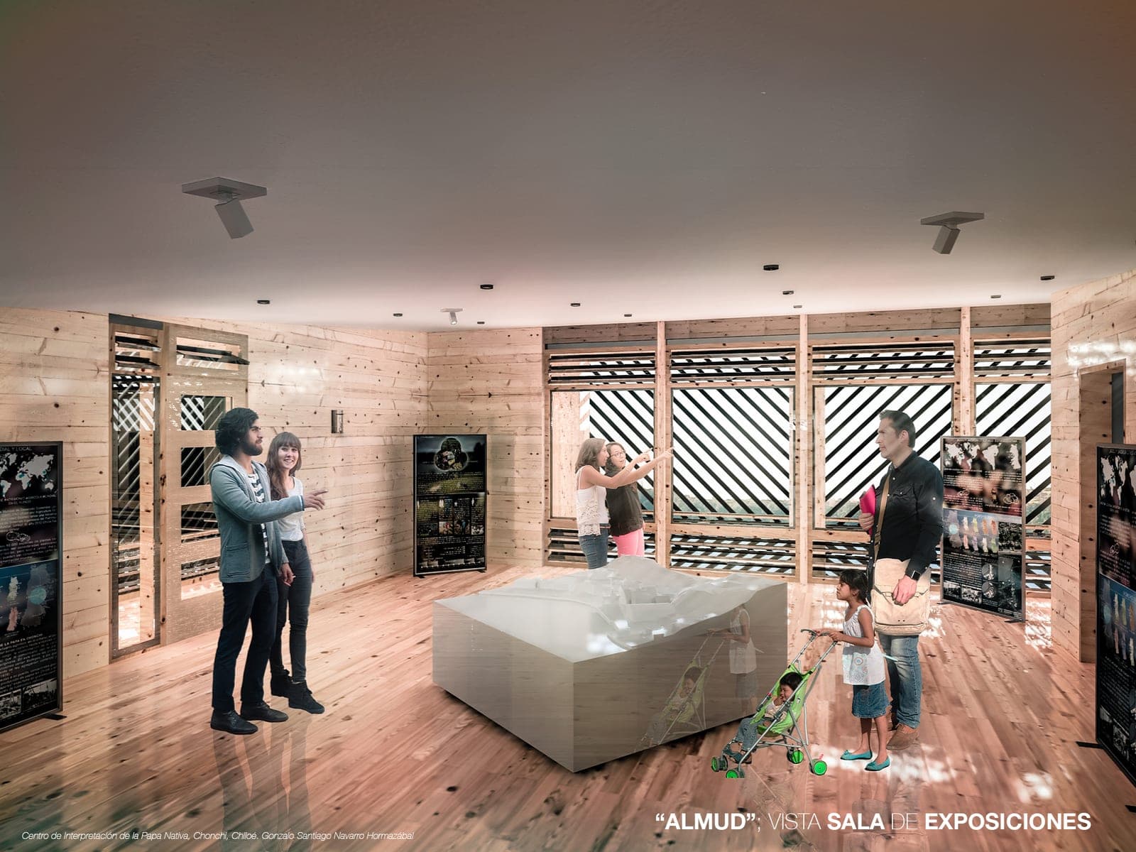 Sala de exposiciones en el interior del almud, con paneles de madera clara, vitrinas y visitantes