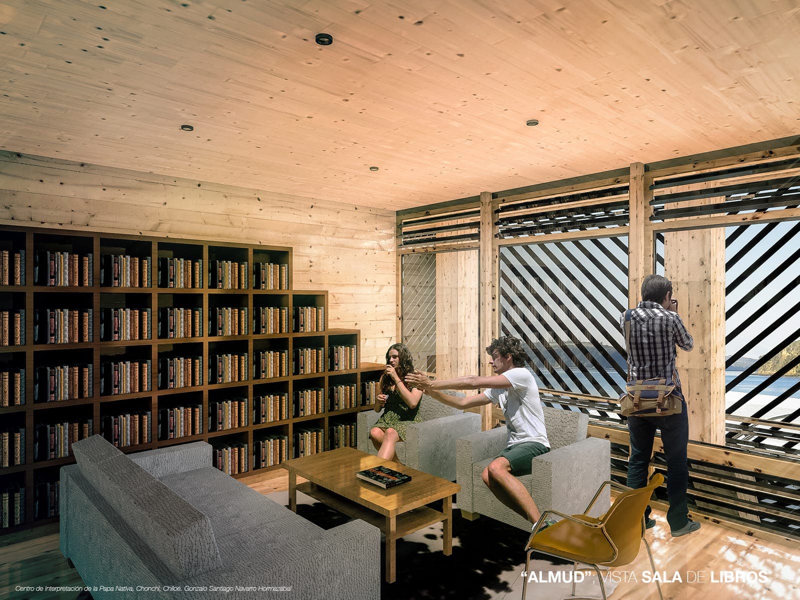 Sala de estar y biblioteca del almud, con estantería de piso a techo y sillones