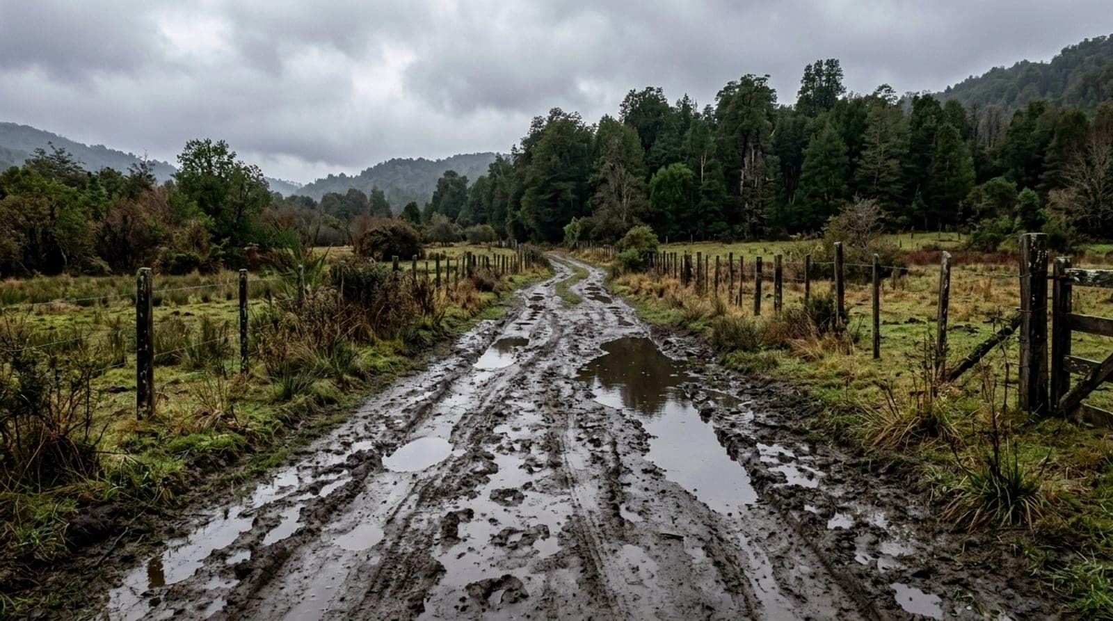 Camino de tierra rural con huellas de barro profundas y charcos después de la lluvia, entre cercos y bosque nativo