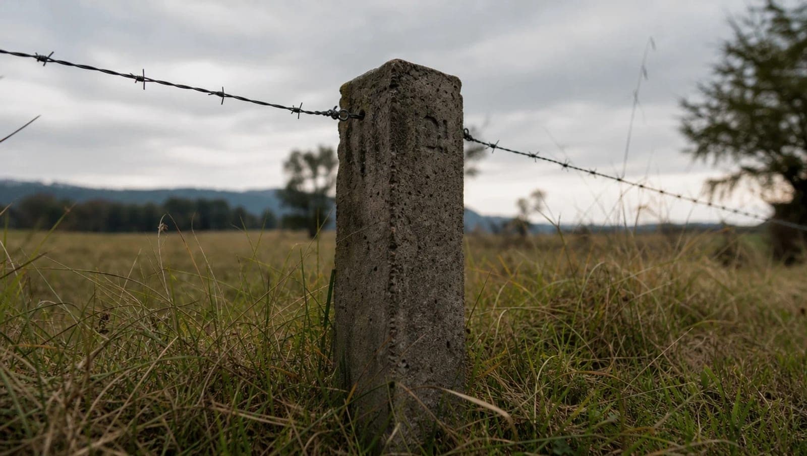 Hito de deslinde de concreto marcando el vértice de un terreno rural, con alambre de púas partiendo hacia ambos lados