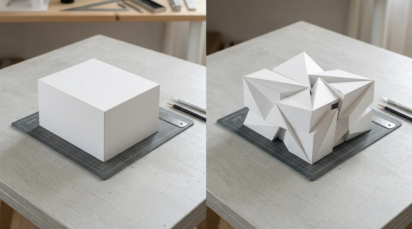 Two architectural volumes compared: one a simple rectangle, the other a broken geometry with many angles