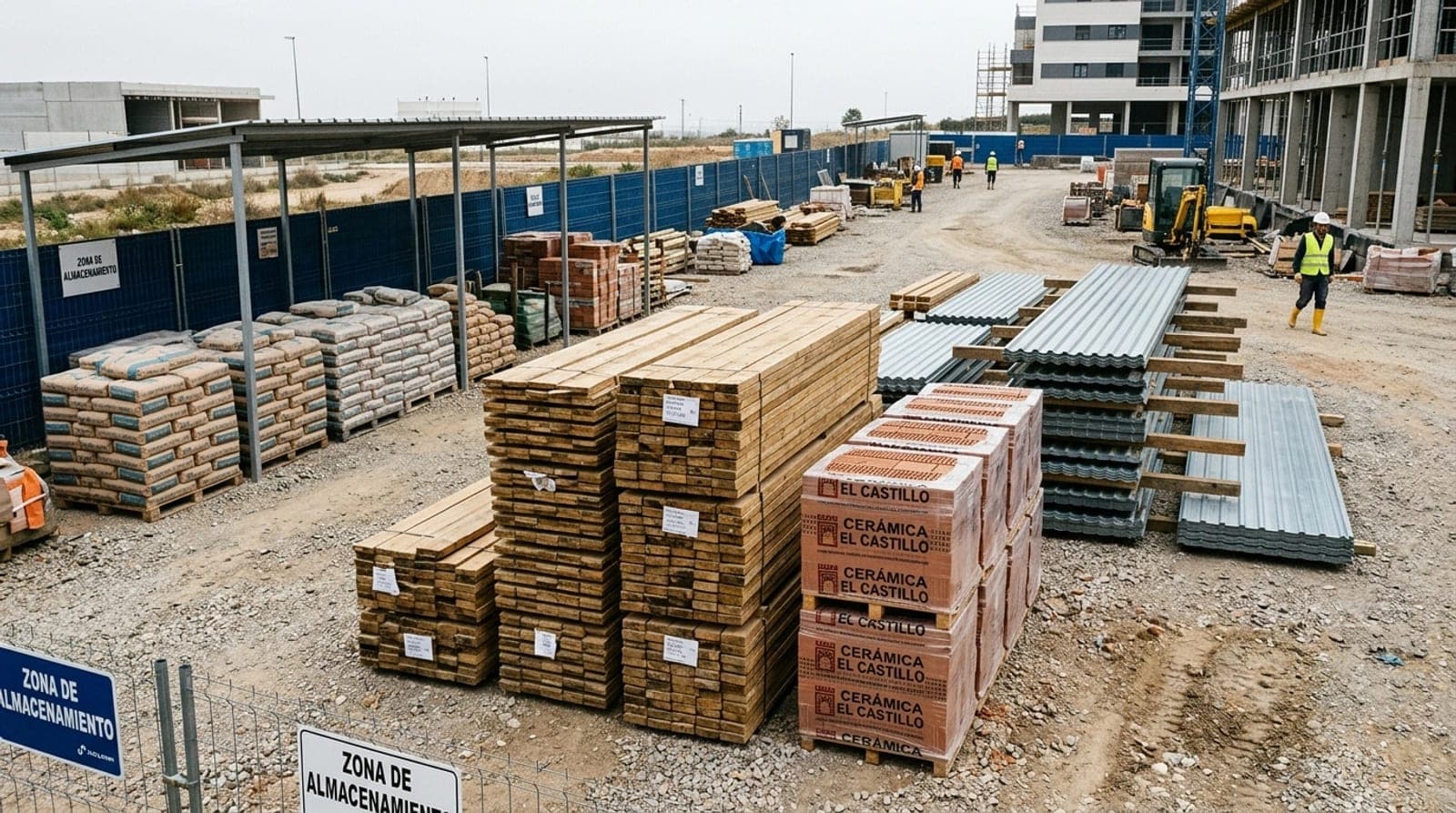 Construction materials stacked on a site: timber boards, cement bags, bricks and metal sheets