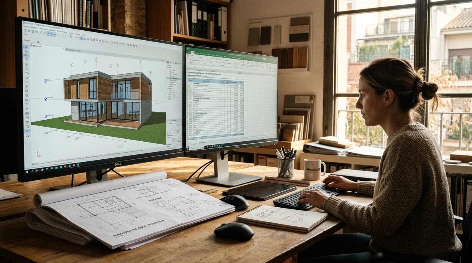 Three-dimensional model of a house next to a quantities and cost spreadsheet on screen