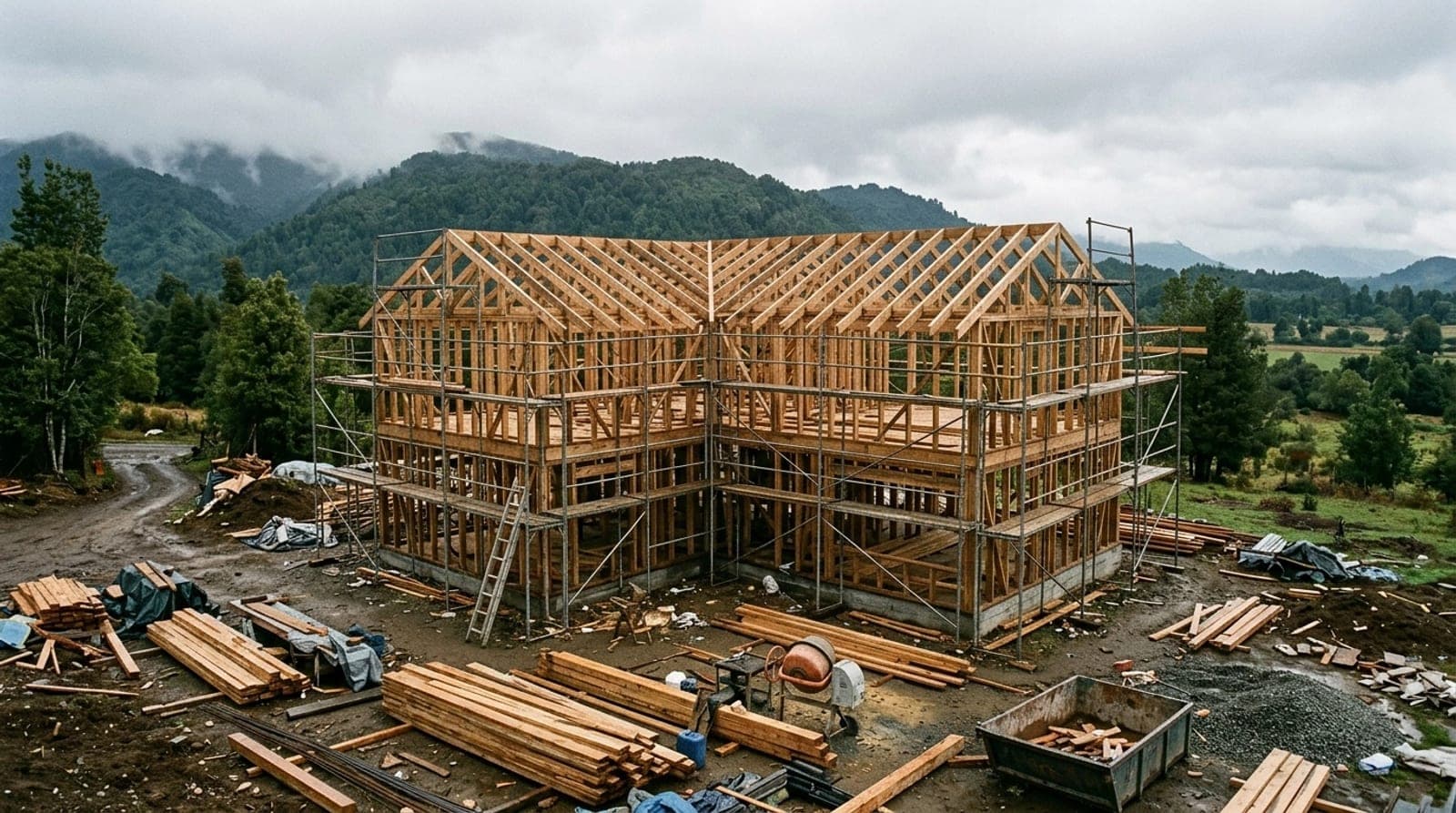 Obra de vivienda en construcción con estructura a la vista, materiales acopiados y el terreno alrededor