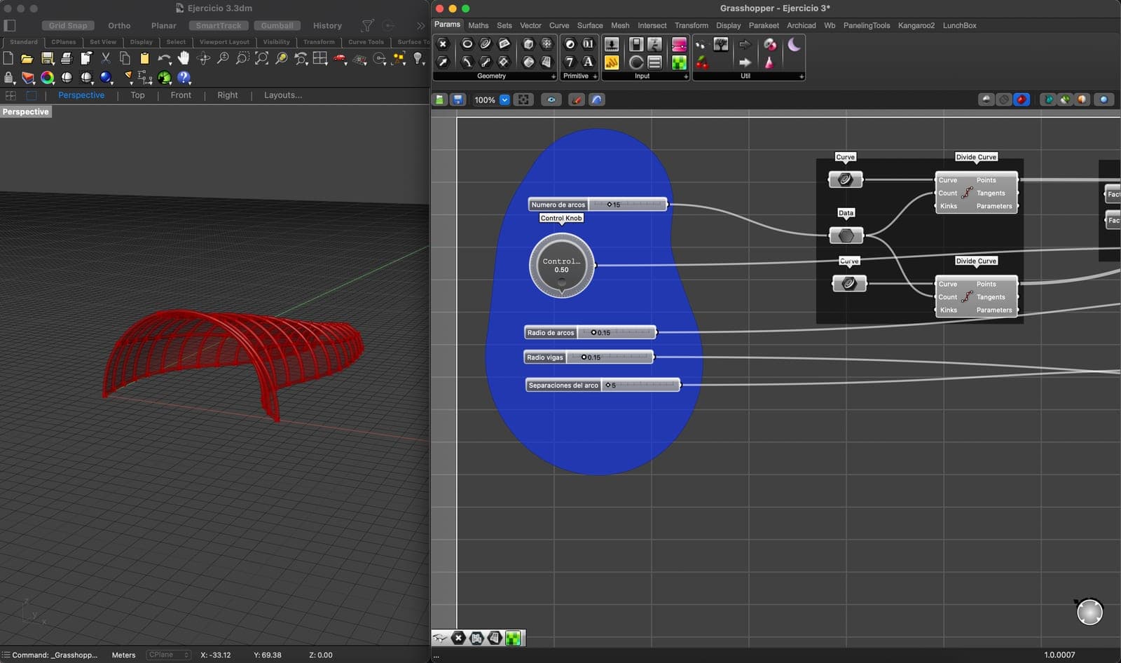 Arc and beam structure in Rhino next to the parameter panel: arc count, radii and spacing