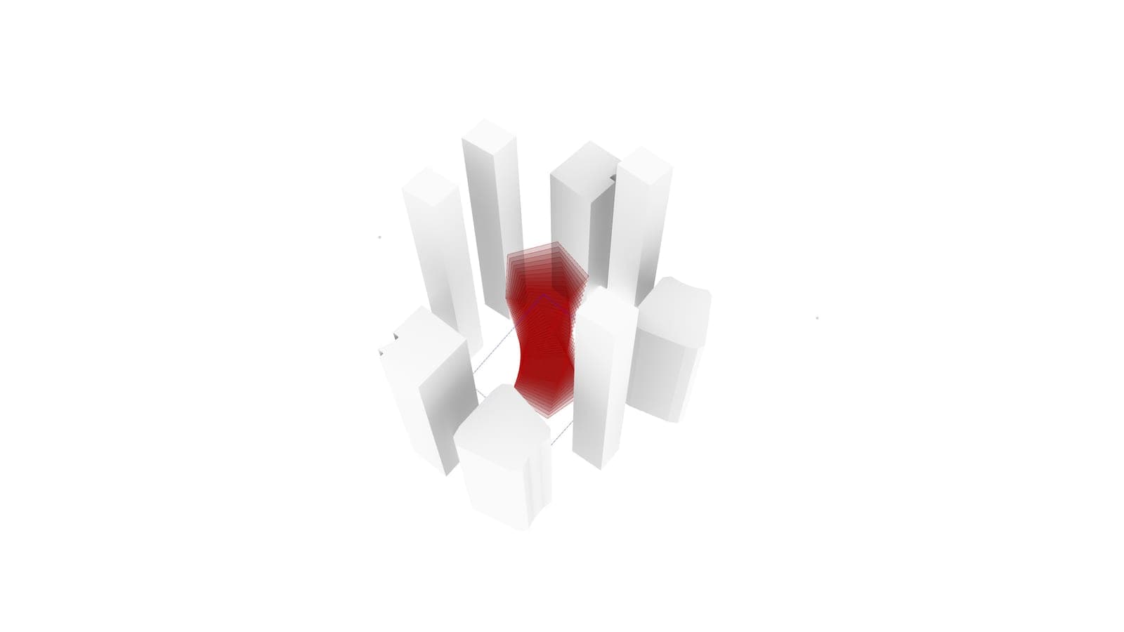 Red massing among grey buildings, with tension lines connecting it to the surrounding points