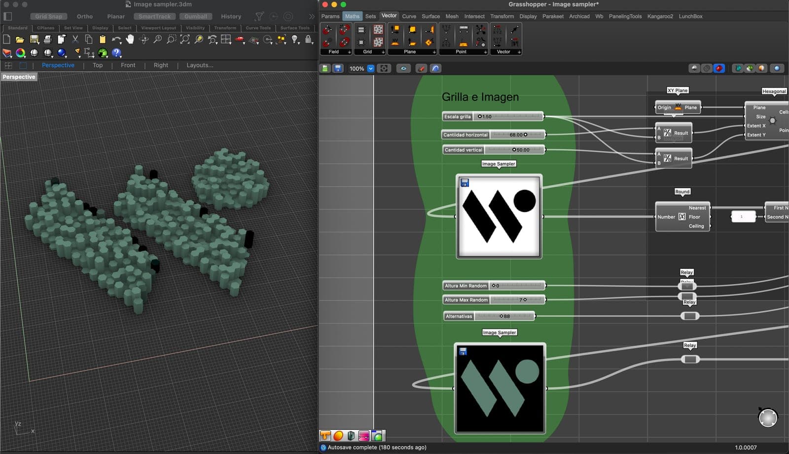 Rhino and Grasshopper screen: the Winteri logo goes in as an image and comes out as a relief of extruded hexagons