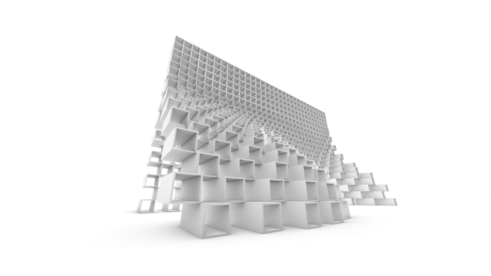 Wall made of a grid of boxes that scatter and separate toward the base