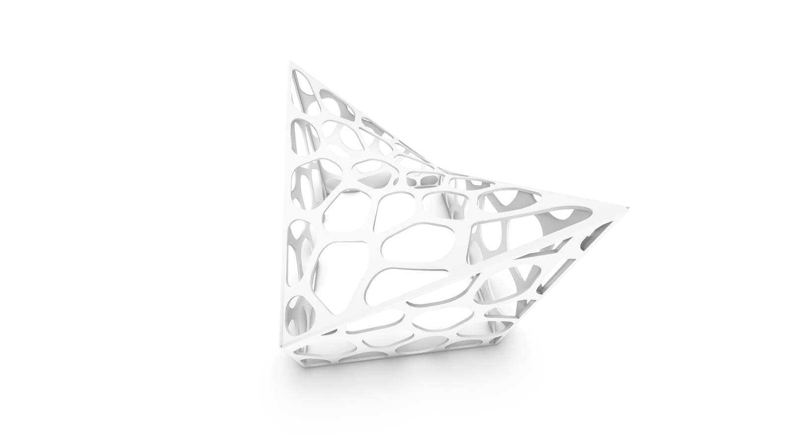 Curved surface perforated with an irregular Voronoi cell pattern, in a white render