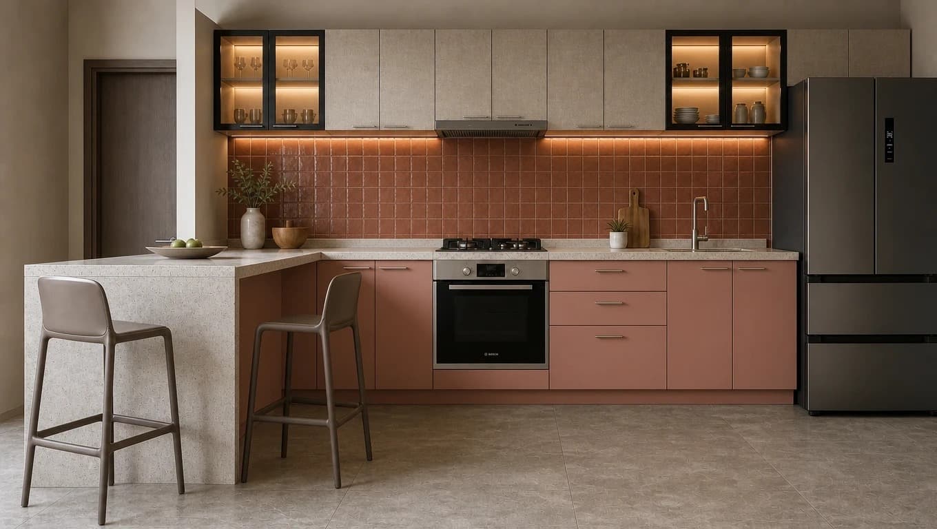 Render de cocina en tonos cálidos generado con ayuda de Kou
