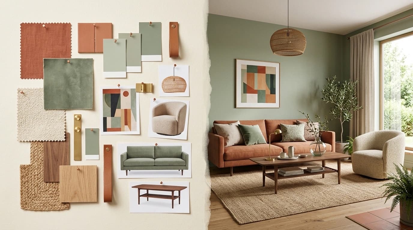 Moodboard de materiales transformándose en un render fotorrealista de living