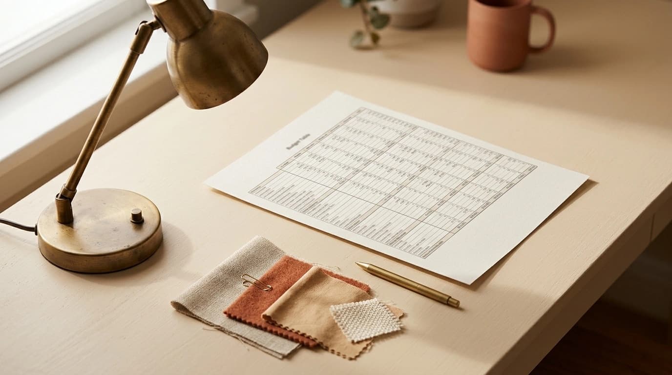 Tabla de presupuesto impresa junto a muestras de materiales
