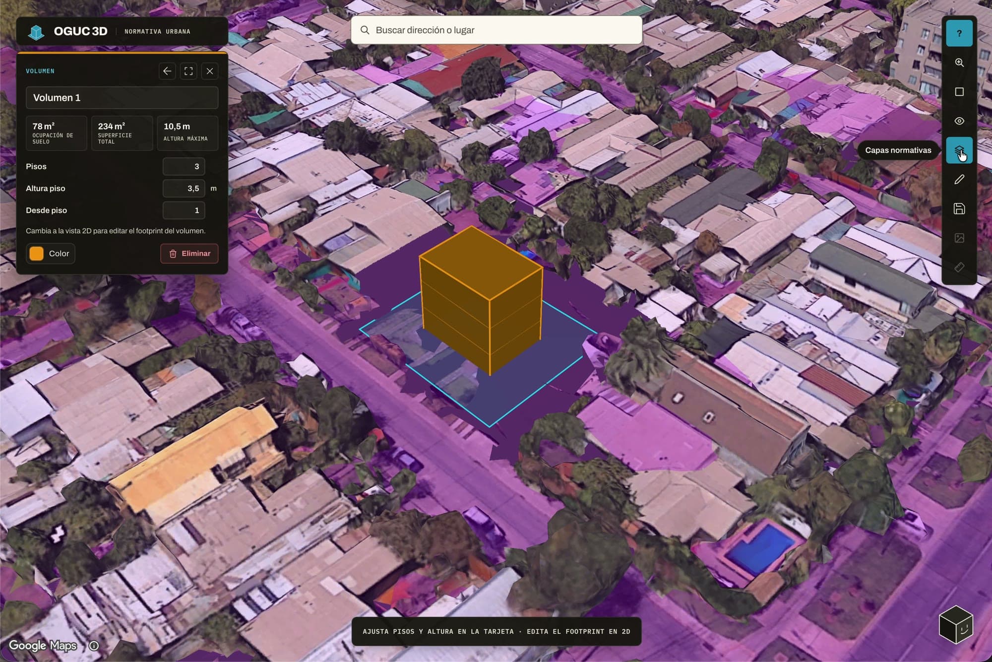 Vista 3D de Santiago en OGUC 3D con un volumen de proyecto sobre un terreno y el panel de cifras normativas