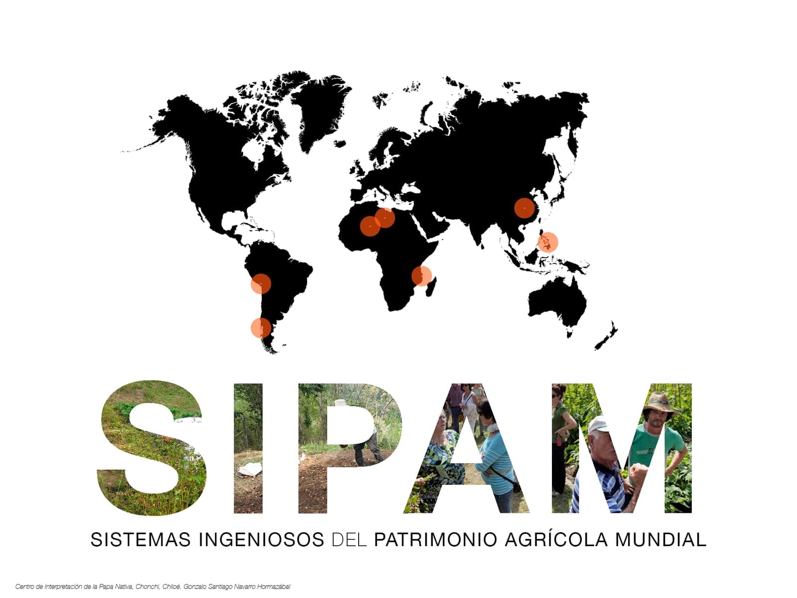 World map of sites recognized as Globally Important Agricultural Heritage Systems, with Chiloé highlighted