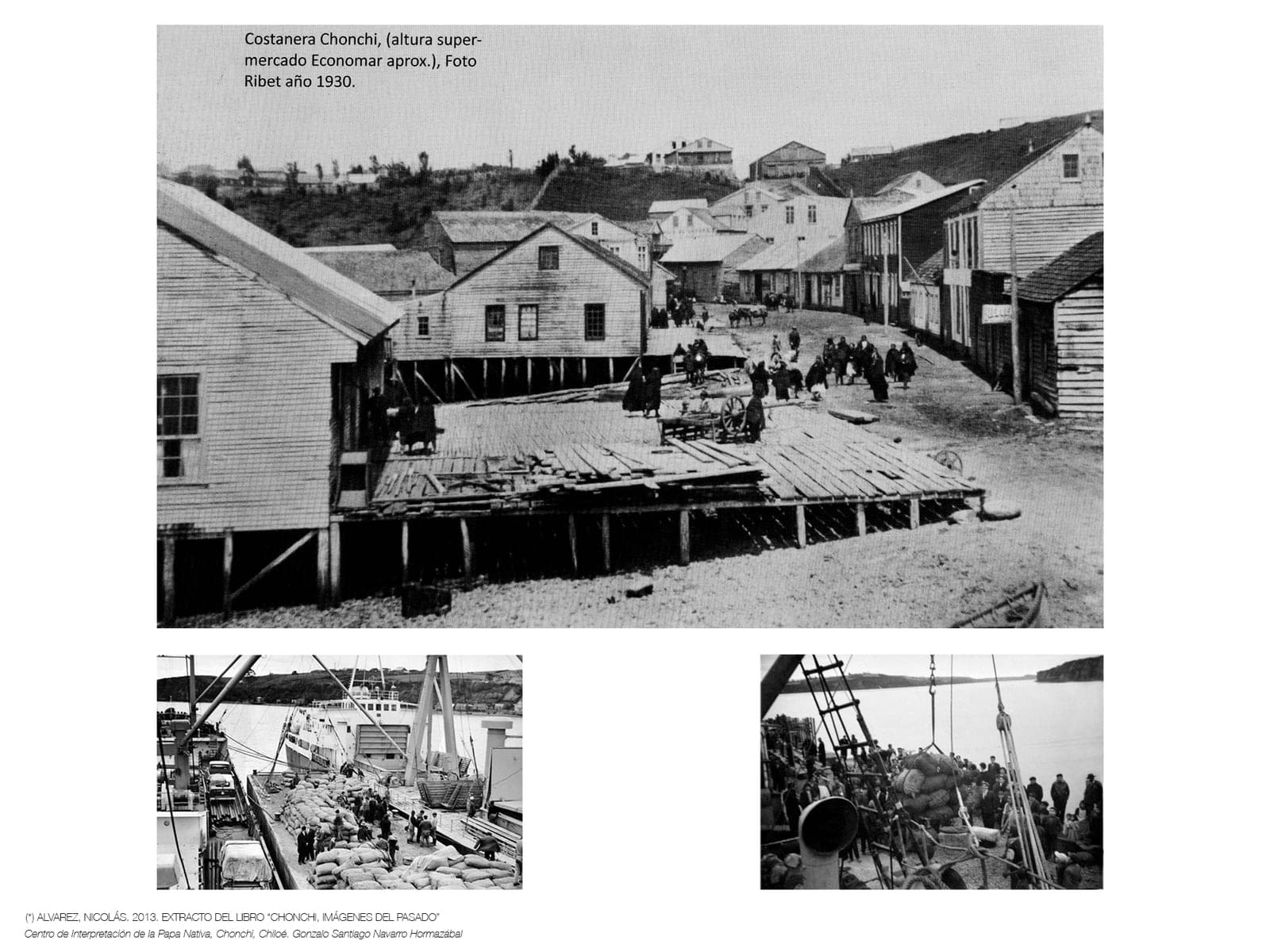Historic black and white photograph of the Chonchi waterfront with its large timber warehouses on stilts