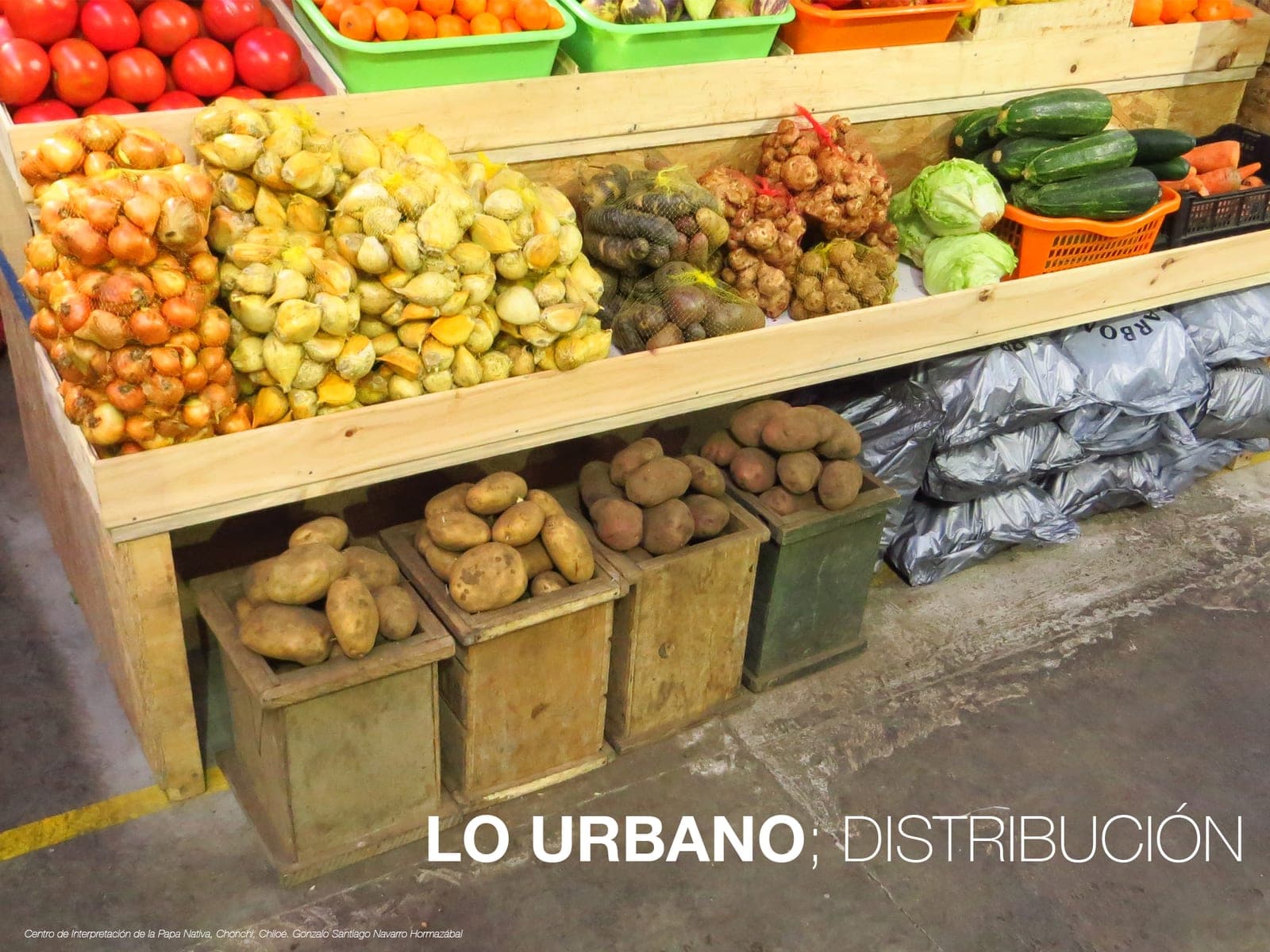 Vegetable stall with potatoes in the foreground, under the heading «the urban: distribution»