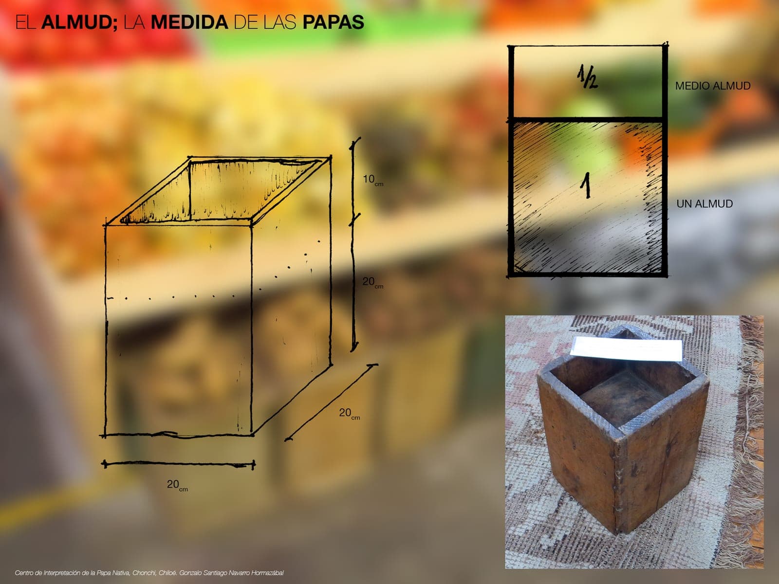 Diagram of the almud, the wooden box used as a traditional measure for potatoes, with its dimensions and a photograph of the object