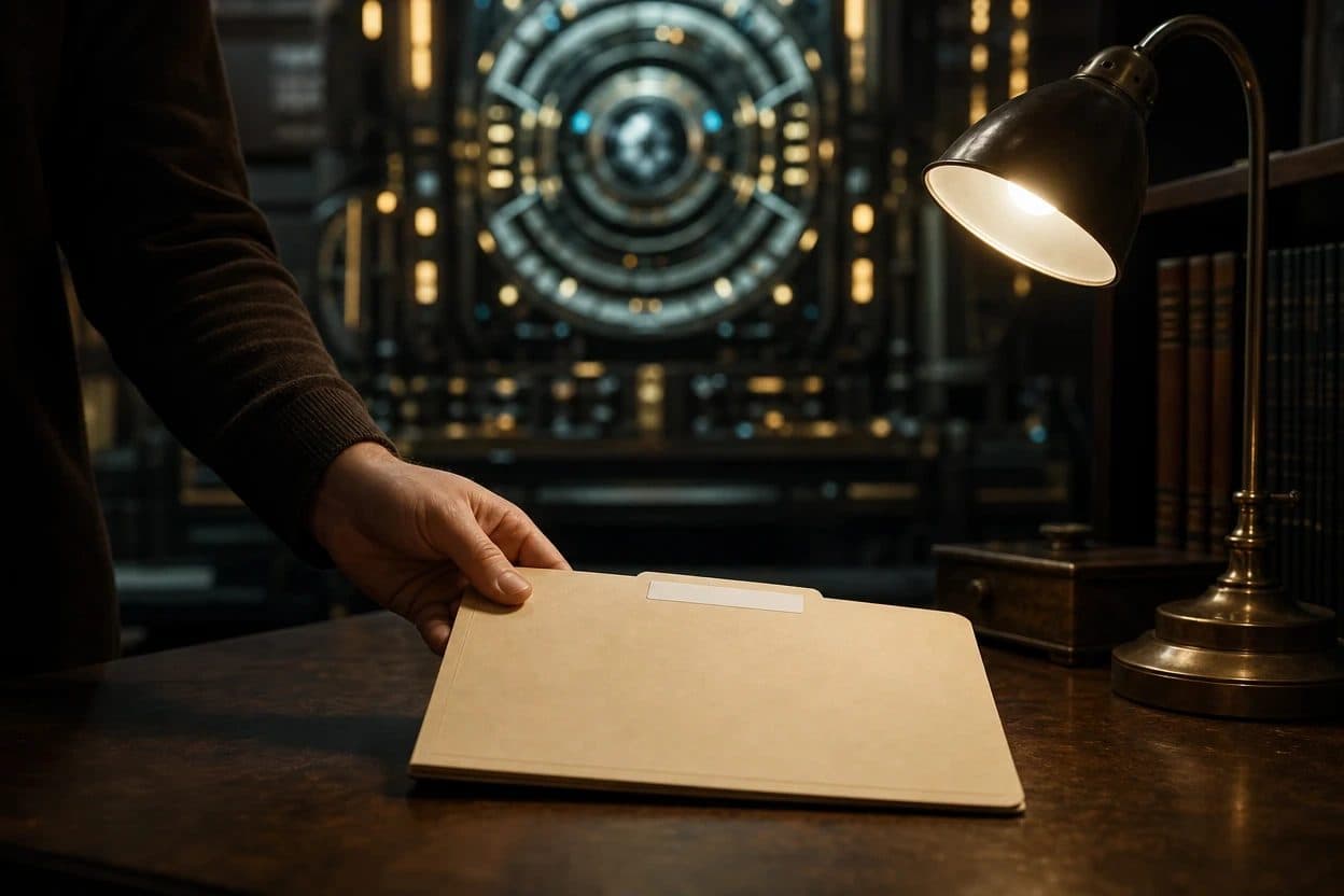 Una mano deja una carpeta de papel sobre un escritorio frente a una gran máquina luminosa desenfocada al fondo